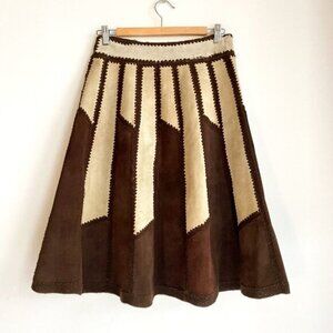 Vintage 70s Patchwork Crochet Borwn Cream Midi A LIne Skirt M